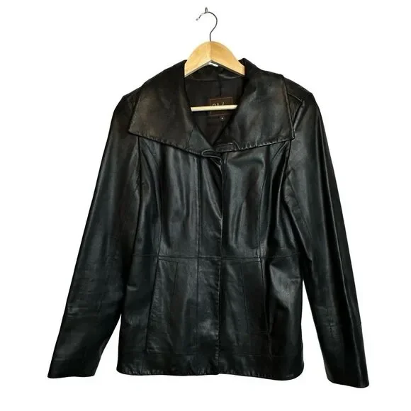 COLE HAAN Wing Collar Black Lambskin Leather Jacket Size 4 - Picture 5 of 17